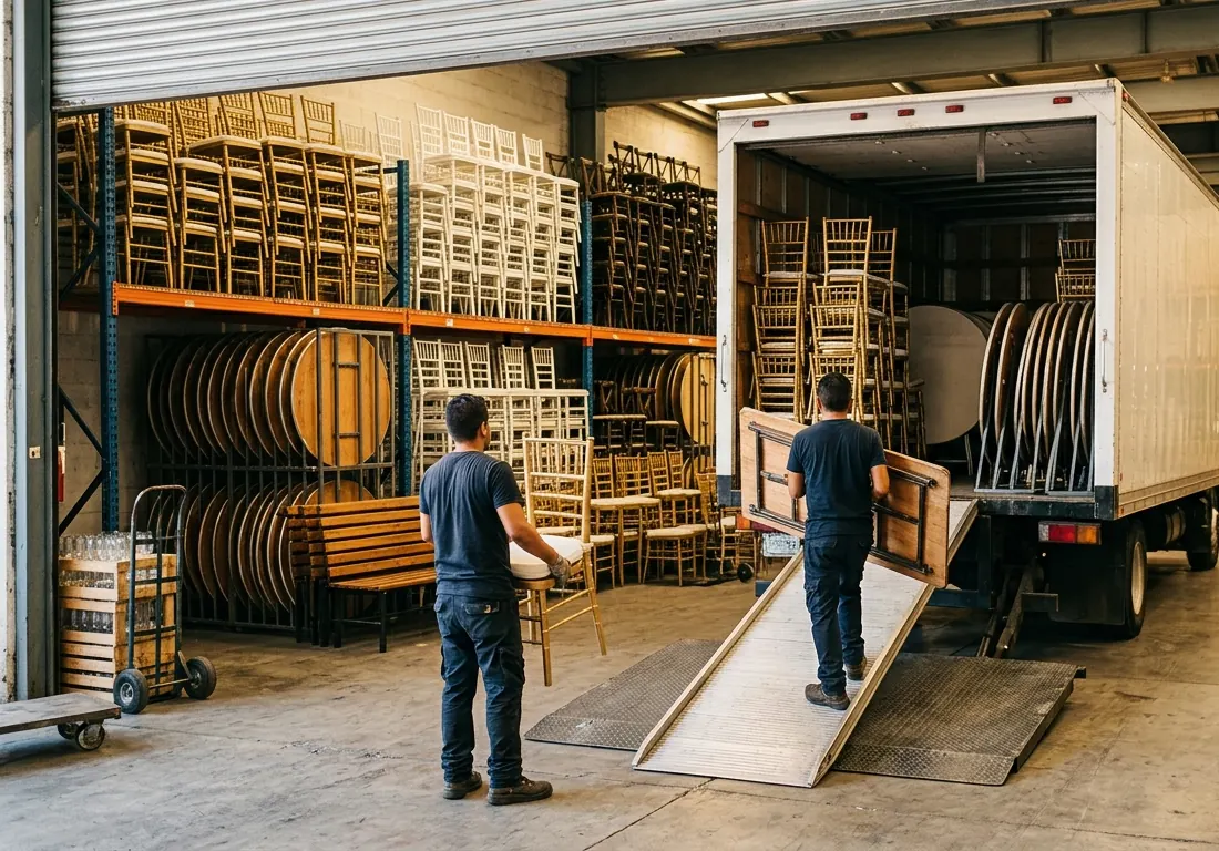 Bodega con sillas apiladas y el camión cargándose